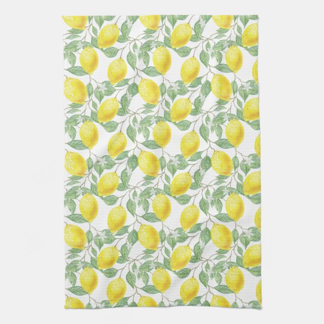 Lemons & Leaves Fruit Watercolor Pattern Kitchen Towel (Vertical)