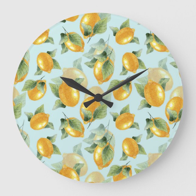 Lemons Leaves: Watercolor Seamless Print Large Clock (Front)