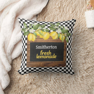 Lemons Lemonade Black White Chequered Wood Name Throw Pillow
