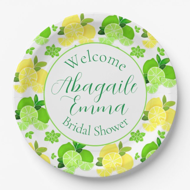 Lemons limes sunny citrus Bridal Shower Invitation Paper Plate (Front)
