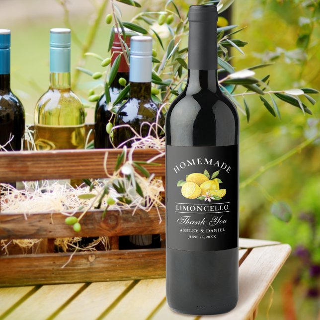 Lemons Limoncello Thanks Black Bottle Labels (Customize to change text size, text style or background color.)