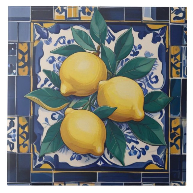 Lemons Mediterranean Dark Blue and Golden Yellow Tile (Front)