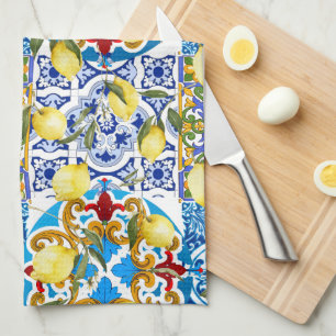 Lemons,Mediterranean,majolica,Italian tiles,summer Kitchen Towel