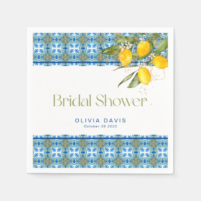 Lemons Mediterranean Tiles Bridal Shower Napkin (Front)