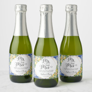 Lemons Meditteranean Blue Mosaic Tiles Wedding  Sparkling Wine Label