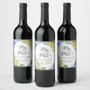 Lemons Meditteranean Blue Mosaic Tiles Wedding Wine Label