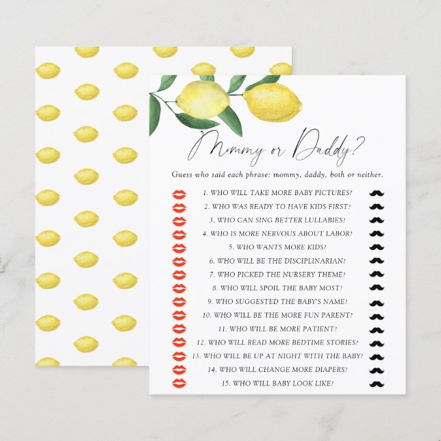 Lemons - mommy or daddy baby shower game (Front/Back)
