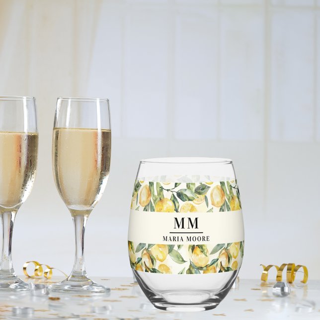 Lemons monogram initials name stemless wine glass (Creator Uploaded)