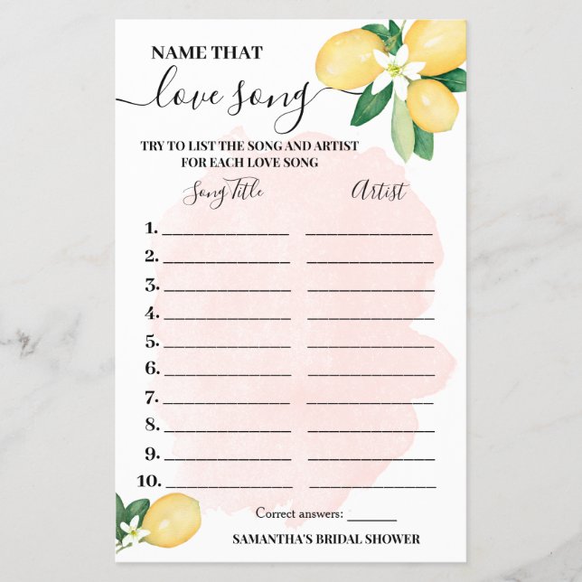 Lemons Name that Love Song Pink Shower Game Card (Front)