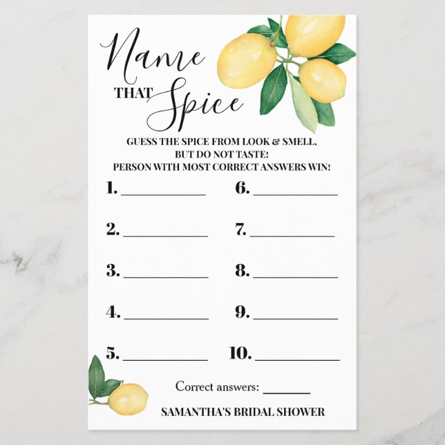 Lemons Name that Spice Bridal Shower Game Card (Front)