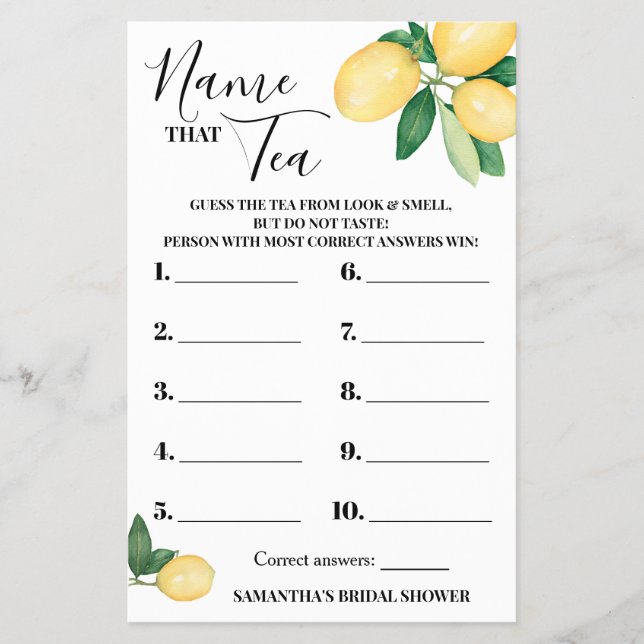 Lemons Name that Tea Bridal Shower Game Card (Front)