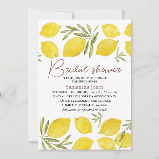 Lemons Olive branch Yellow Rustic Bridal Shower  Invitation (Front)