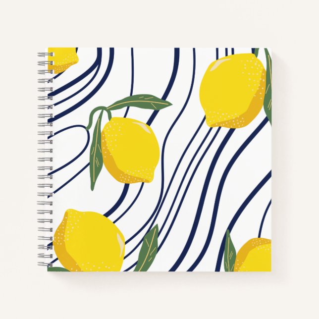 Lemons on Blue Curved Botanical Gift Summer Party  Notebook (Front)