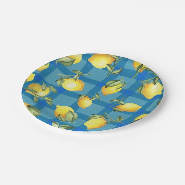 Lemons on Blue Plaid Paper Plate (Angled)