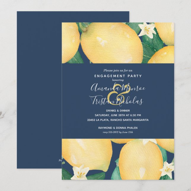 Lemons on Navy Blue Engagement Party Invitations (Front/Back)