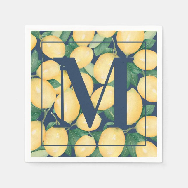 Lemons on Navy Blue Monogram Napkin (Front)