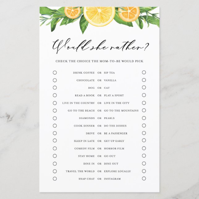 Lemons Oranges WOuld She Rather Baby Shower Game (Front)