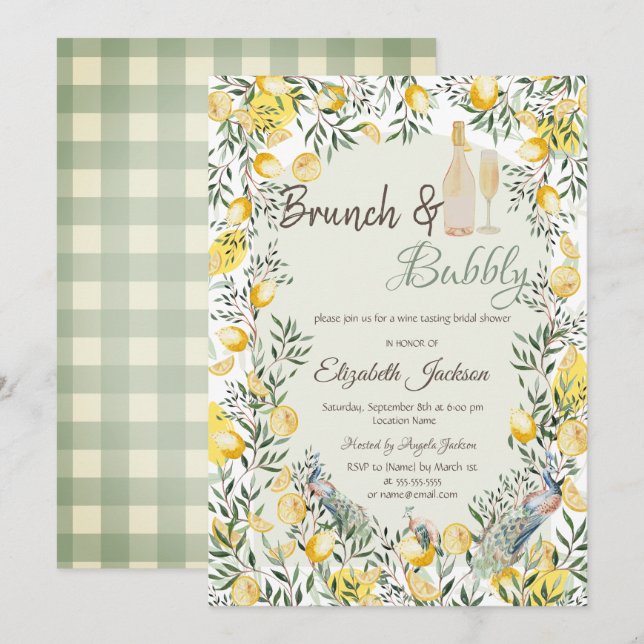 Lemons Peacock Green Plaid Brunch & Bubbly  Invitation (Front/Back)