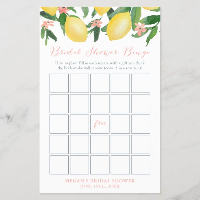 Lemons Pink Bridal Shower Bingo Game Card (Front)