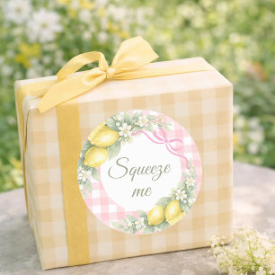 Lemons pink gingham squeeze me party favour classic round sticker
