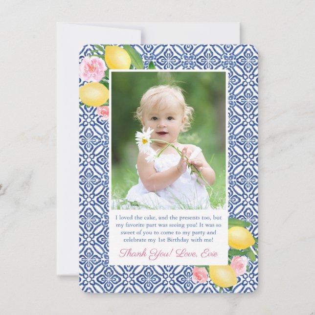 Lemons Pink Positano Blue Tiles Baby Shower Photo Thank You Card (Front)