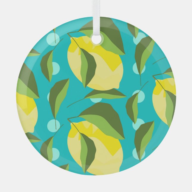 Lemons Polka Dot: Blue Background. Glass Ornament (Front)