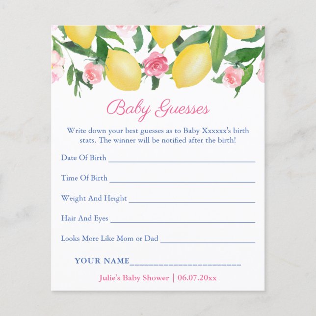Lemons Positano Guess Baby's Birth Stats Game Card (Front)