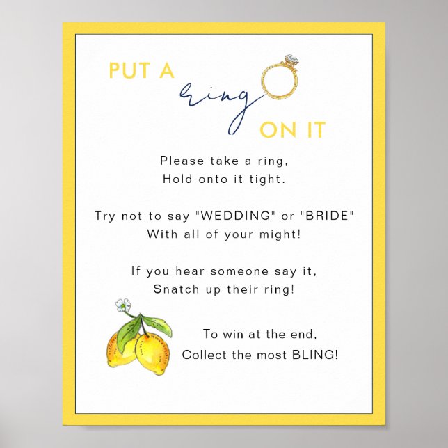 Lemons Put a ring on it  Bridal Shower Game Poster (Front)