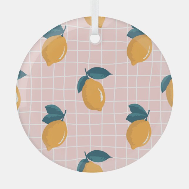 Lemons, retro geometry, summer seamless pattern. glass ornament (Front)