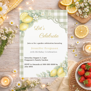 Lemons sage green gingham summer garden birthday invitation