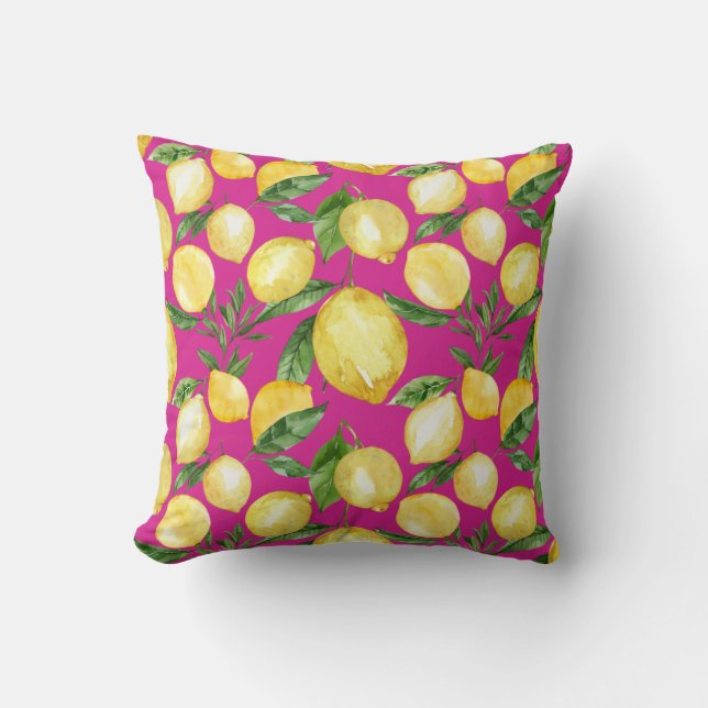 Lemons seamless pattern on magenta background throw pillow (Front)