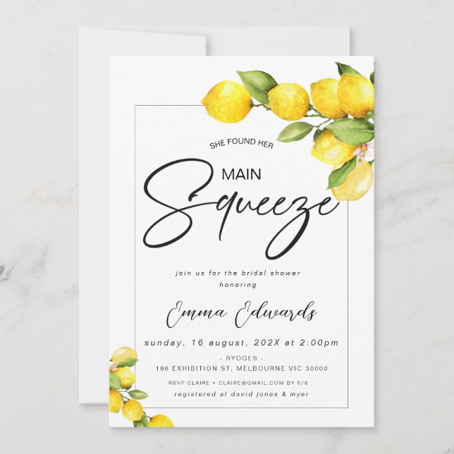 Lemons She Found Her Main Squeeze Bridal Shower Invitation (Front)