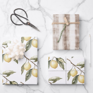 Lemons Sicily Rustic Brown Stripes Birthday Wrapping Paper Sheet
