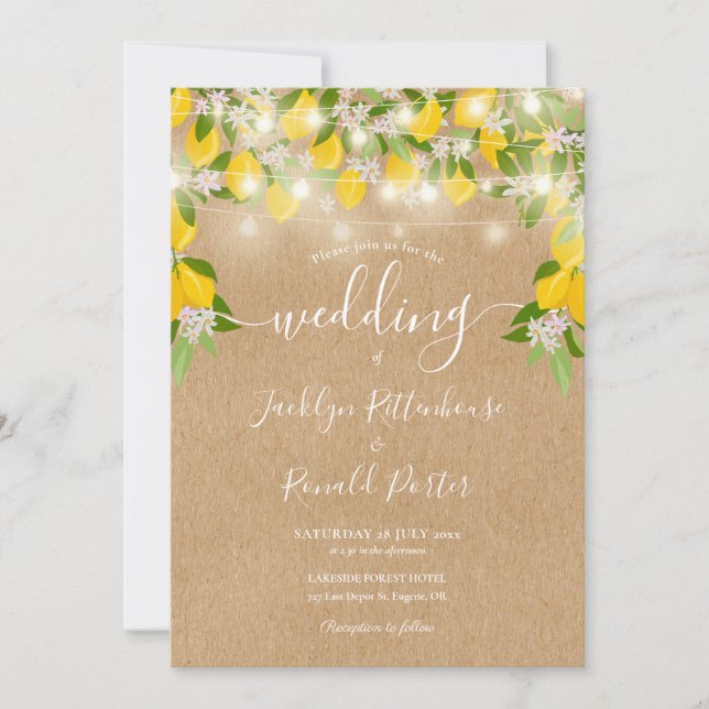 Lemons String Lights Rustic Kraft Wedding Invitation (Front)