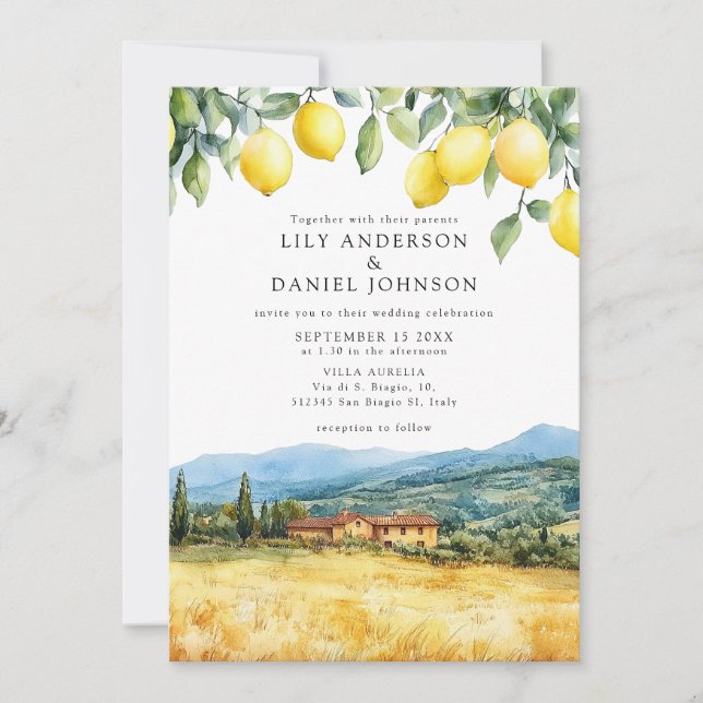 Lemons Tuscan Scene Italian QR Code Wedding Invitation (Front)