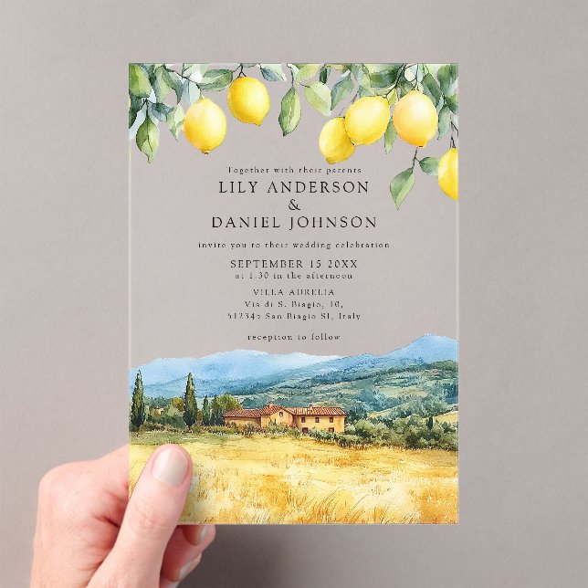 Lemons Tuscan Scene Italy Wedding Acrylic Invitations (Insitu (Handheld))