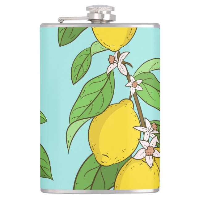 Lemons, Vibrant Blue Background Seamless. Hip Flask (Front)