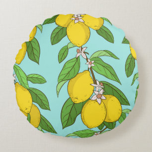 Lemons, Vibrant Blue Background Seamless. Round Pillow