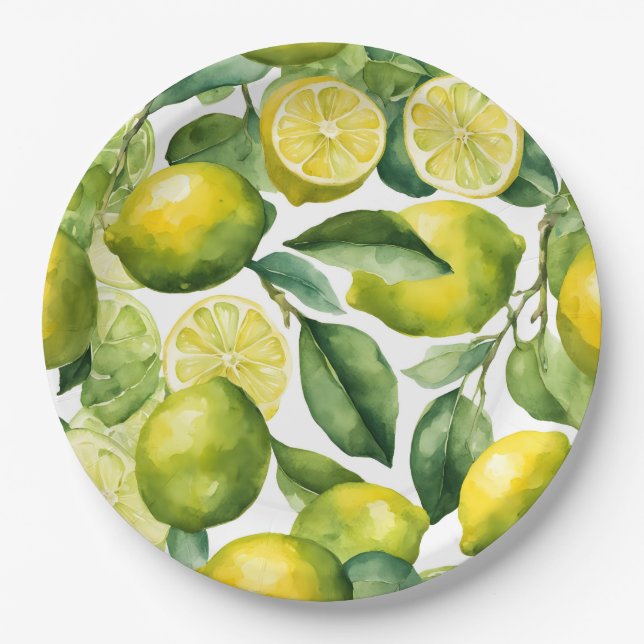 Lemons Watercolor Pattern Design Paper Plate (Front)