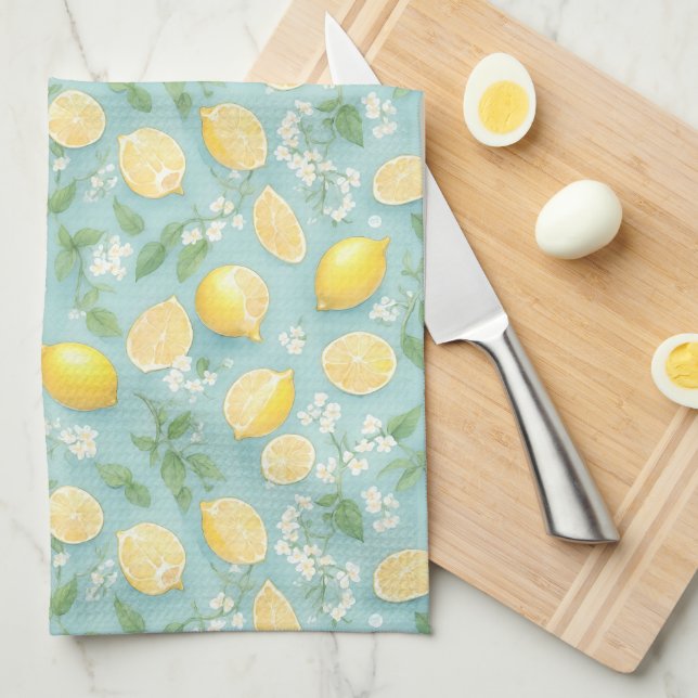 Lemons Watercolor Pattern Mint Floral Lemon Kitchen Towel (Quarter Fold)