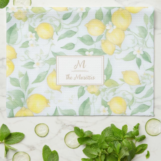 Lemons Watercolor Personalized Name Monogram Lemon Kitchen Towel (Folded)