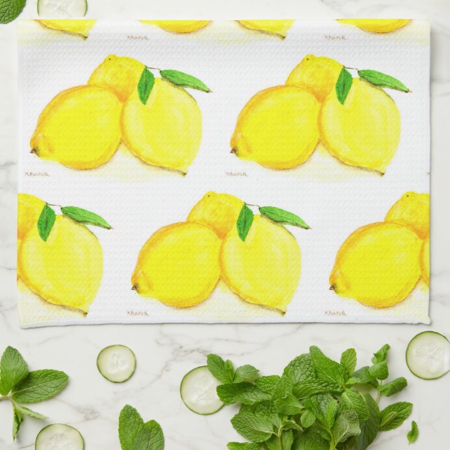 Lemons Watercolor Yellow Fruit Country Farmhouse Kitchen Towel (Folded)