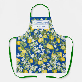 Lemons White Florals & Monogram On Deep Blue  Apron