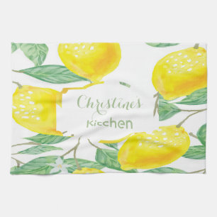 Lemons white green name script kitchen towel