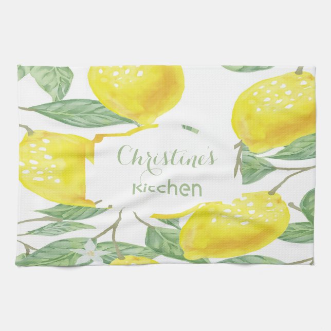 Lemons white green name script kitchen towel (Horizontal)