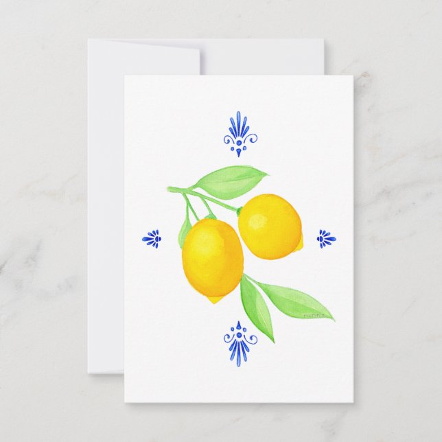 Lemons with Blue Flourishes Thank You Card (Front)