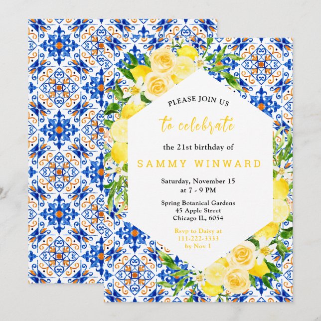 Lemons with Foliage Mediterranean Birthday Invitation (Front/Back)