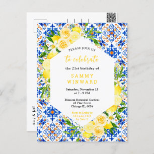 Lemons with Foliage Mediterranean Birthday Party Postcard
