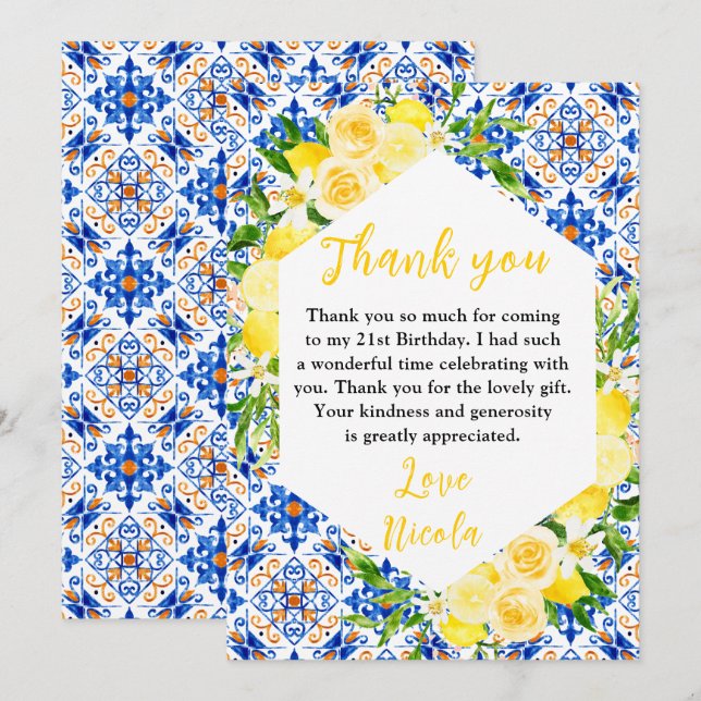 Lemons with Foliage Mediterranean Birthday Thank You Card (Front/Back)