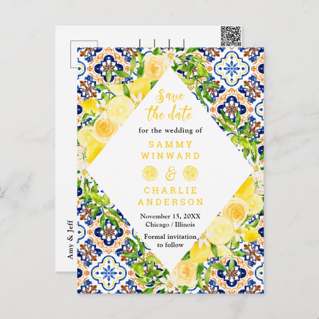 Lemons with Foliage Wedding Save The Date Postcard (Front/Back)